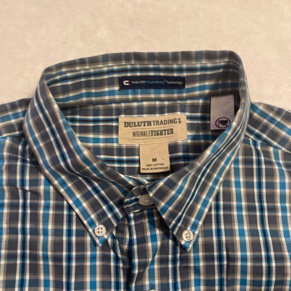 Duluth Trading Co. Wrinkle Fighter Men's Medium Blue Plaid‎ Button Down Shirt - Picture 5 of 9